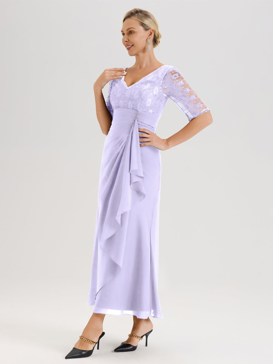 Cicinia Lilas Robe De Mère De La Mariée Longue Ligne A En Dentelle Et Mousseline À Décolleté En V Demi-Manches Et Ceinture À Longs Rubans