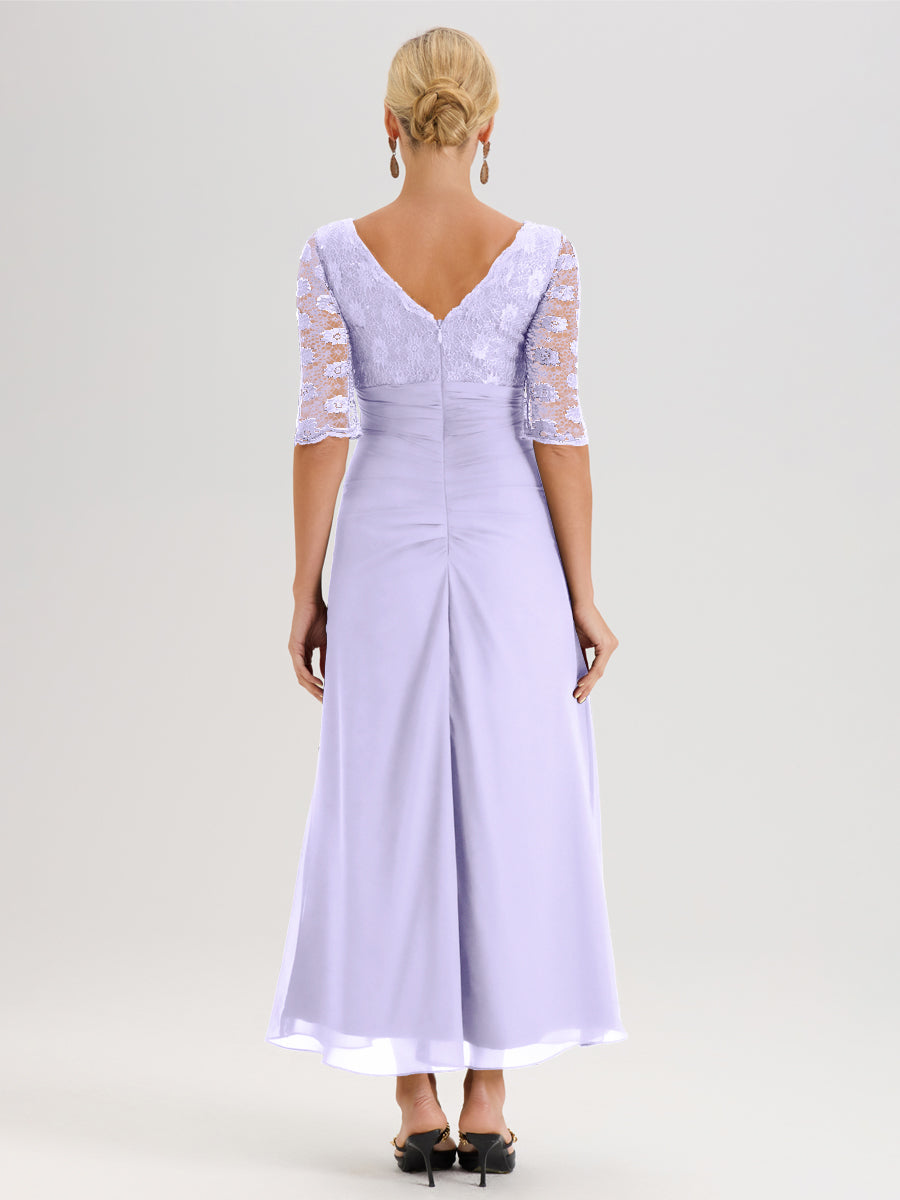 Cicinia Lilas Robe De Mère De La Mariée Longue Ligne A En Dentelle Et Mousseline À Décolleté En V Demi-Manches Et Ceinture À Longs Rubans