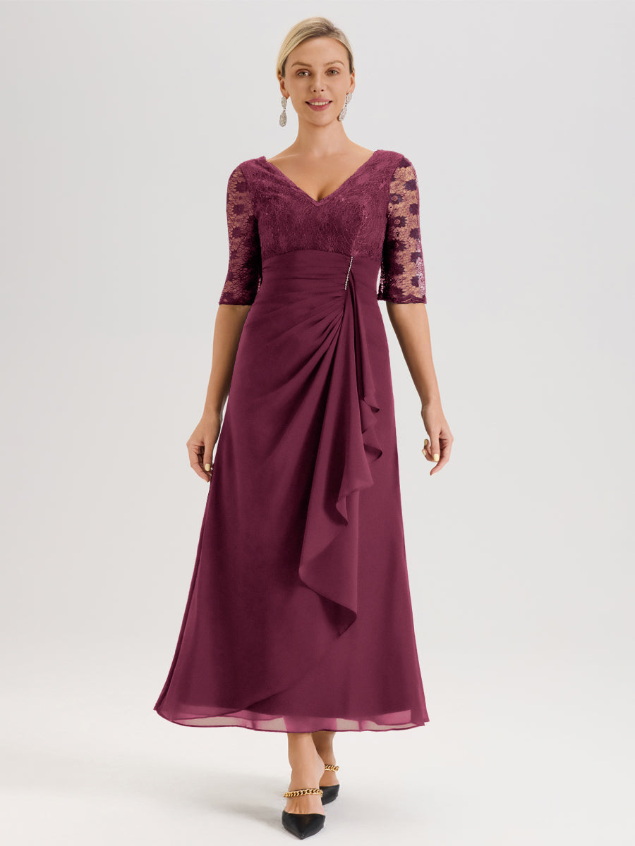 Cicinia Mûre Robe De Mère De La Mariée Longue Ligne A En Dentelle Et Mousseline À Décolleté En V Demi-Manches Et Ceinture À Longs Rubans