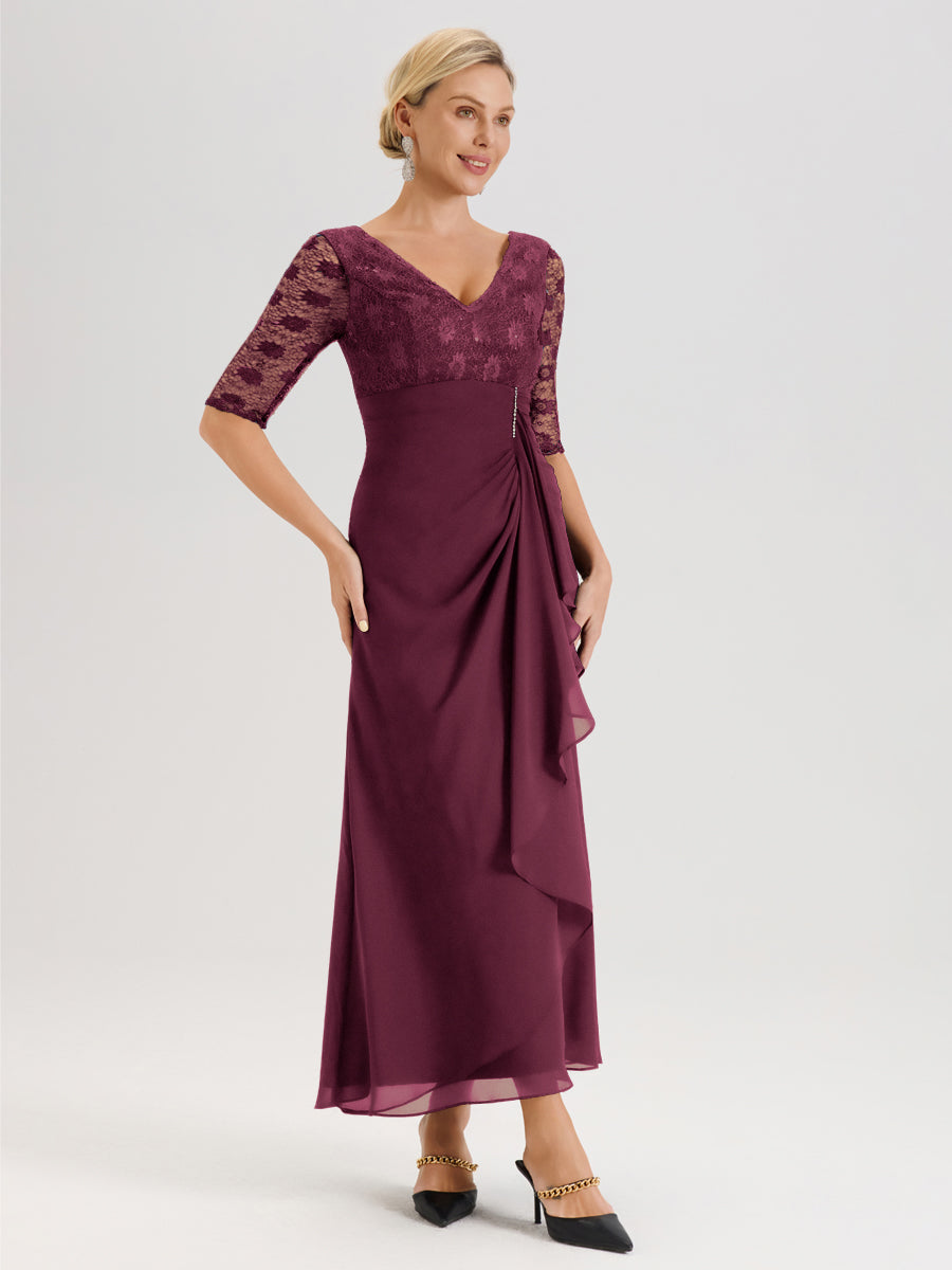 Cicinia Mûre Robe De Mère De La Mariée Longue Ligne A En Dentelle Et Mousseline À Décolleté En V Demi-Manches Et Ceinture À Longs Rubans