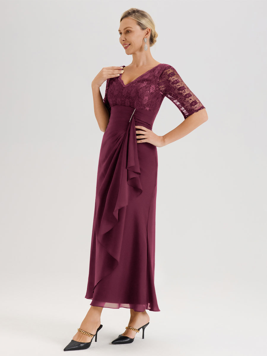 Cicinia Mûre Robe De Mère De La Mariée Longue Ligne A En Dentelle Et Mousseline À Décolleté En V Demi-Manches Et Ceinture À Longs Rubans