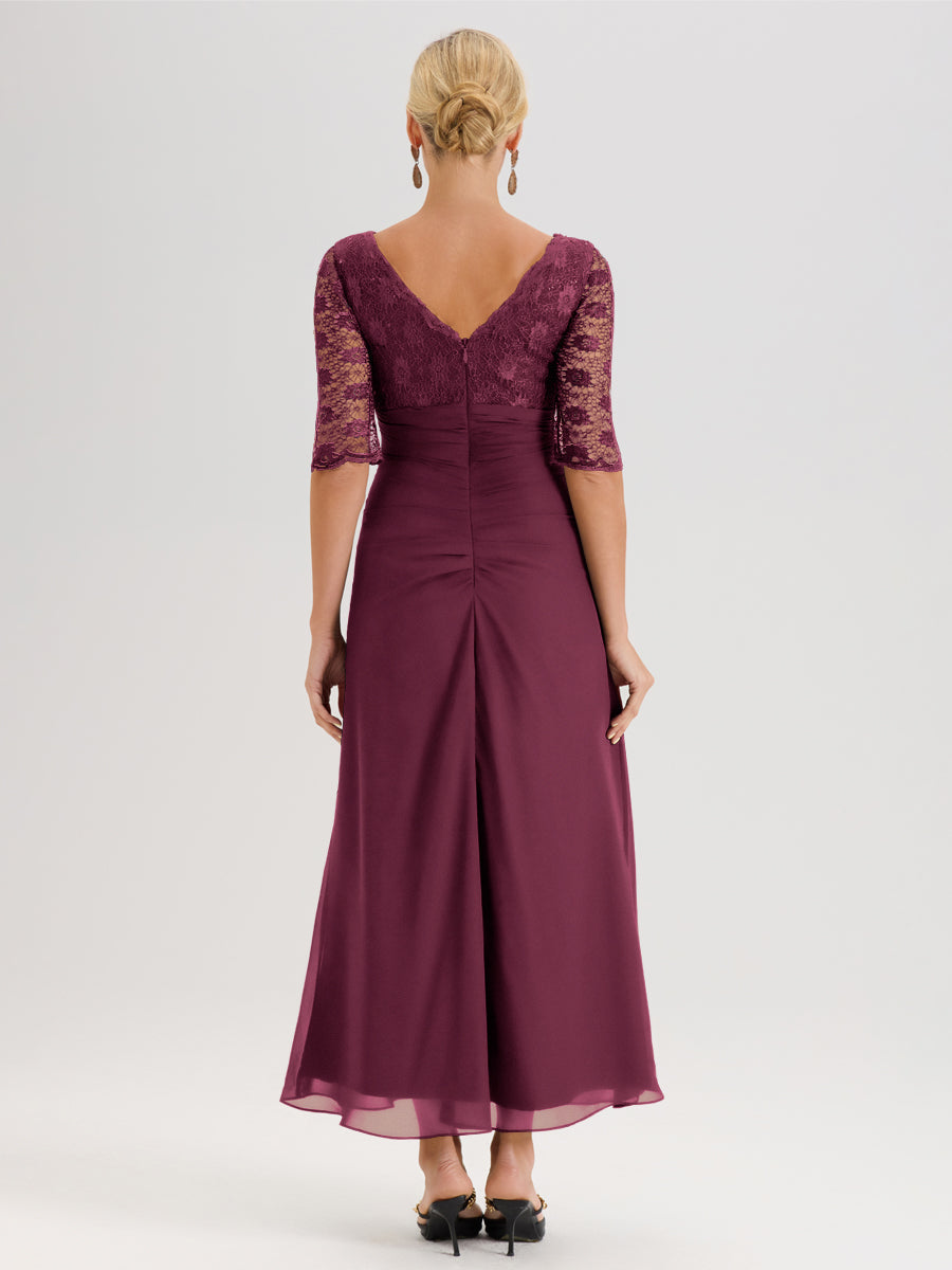 Cicinia Mûre Robe De Mère De La Mariée Longue Ligne A En Dentelle Et Mousseline À Décolleté En V Demi-Manches Et Ceinture À Longs Rubans