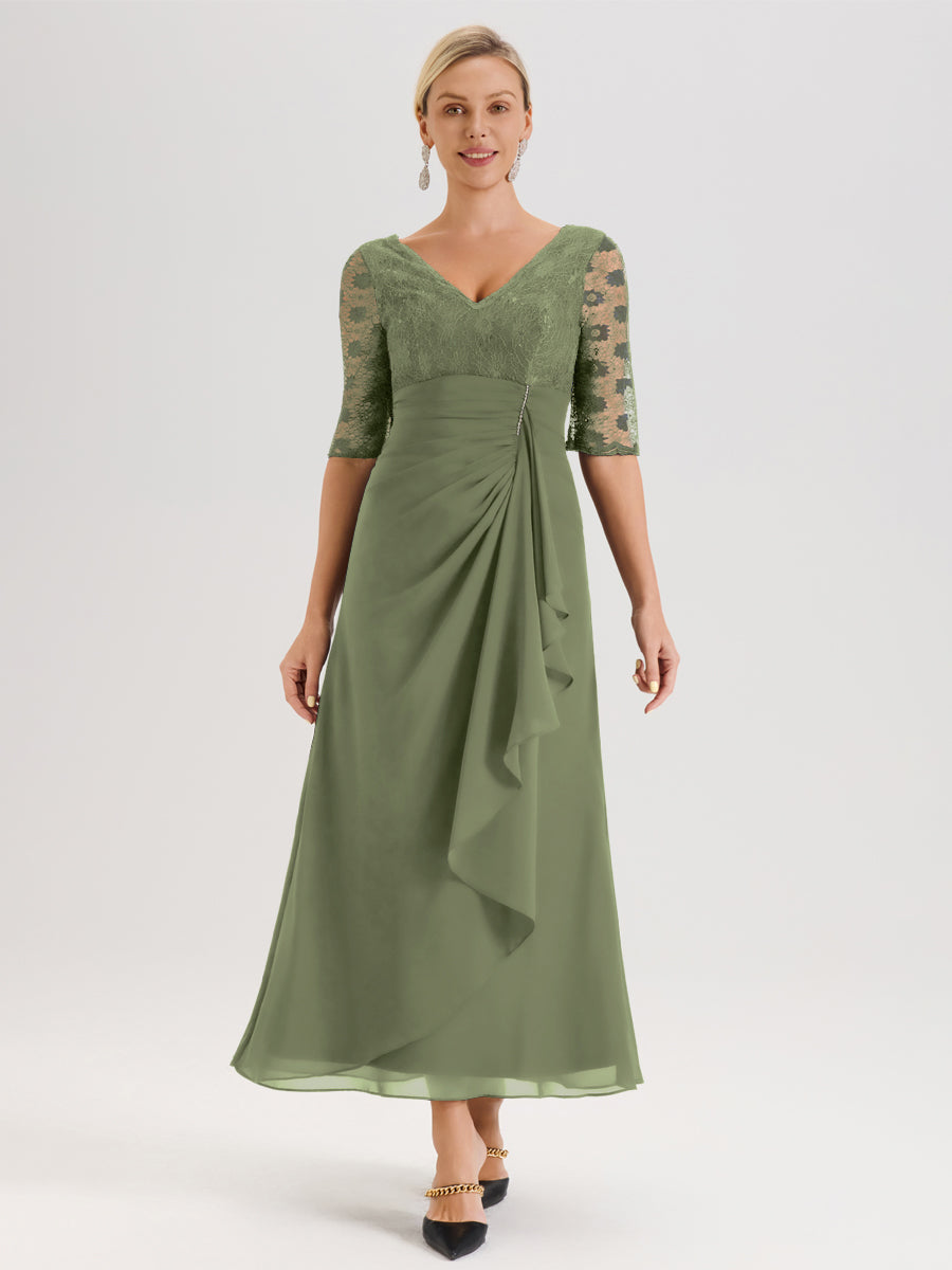Cicinia Vert Olive Robe De Mère De La Mariée Longue Ligne A En Dentelle Et Mousseline À Décolleté En V Demi-Manches Et Ceinture À Longs Rubans