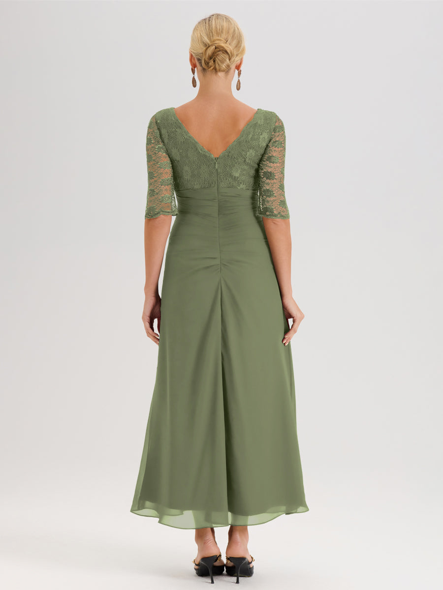 Cicinia Vert Olive Robe De Mère De La Mariée Longue Ligne A En Dentelle Et Mousseline À Décolleté En V Demi-Manches Et Ceinture À Longs Rubans
