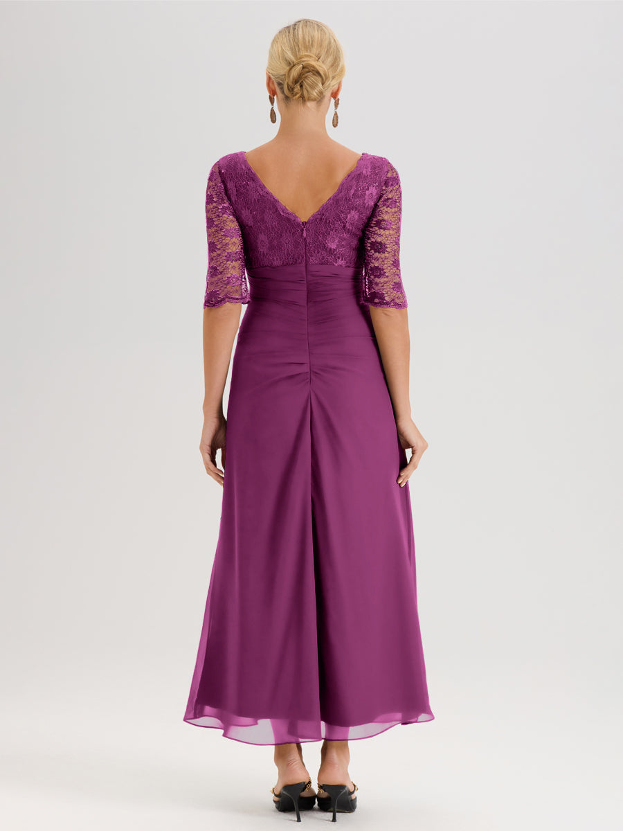 Cicinia Orchidée Robe De Mère De La Mariée Longue Ligne A En Dentelle Et Mousseline À Décolleté En V Demi-Manches Et Ceinture À Longs Rubans