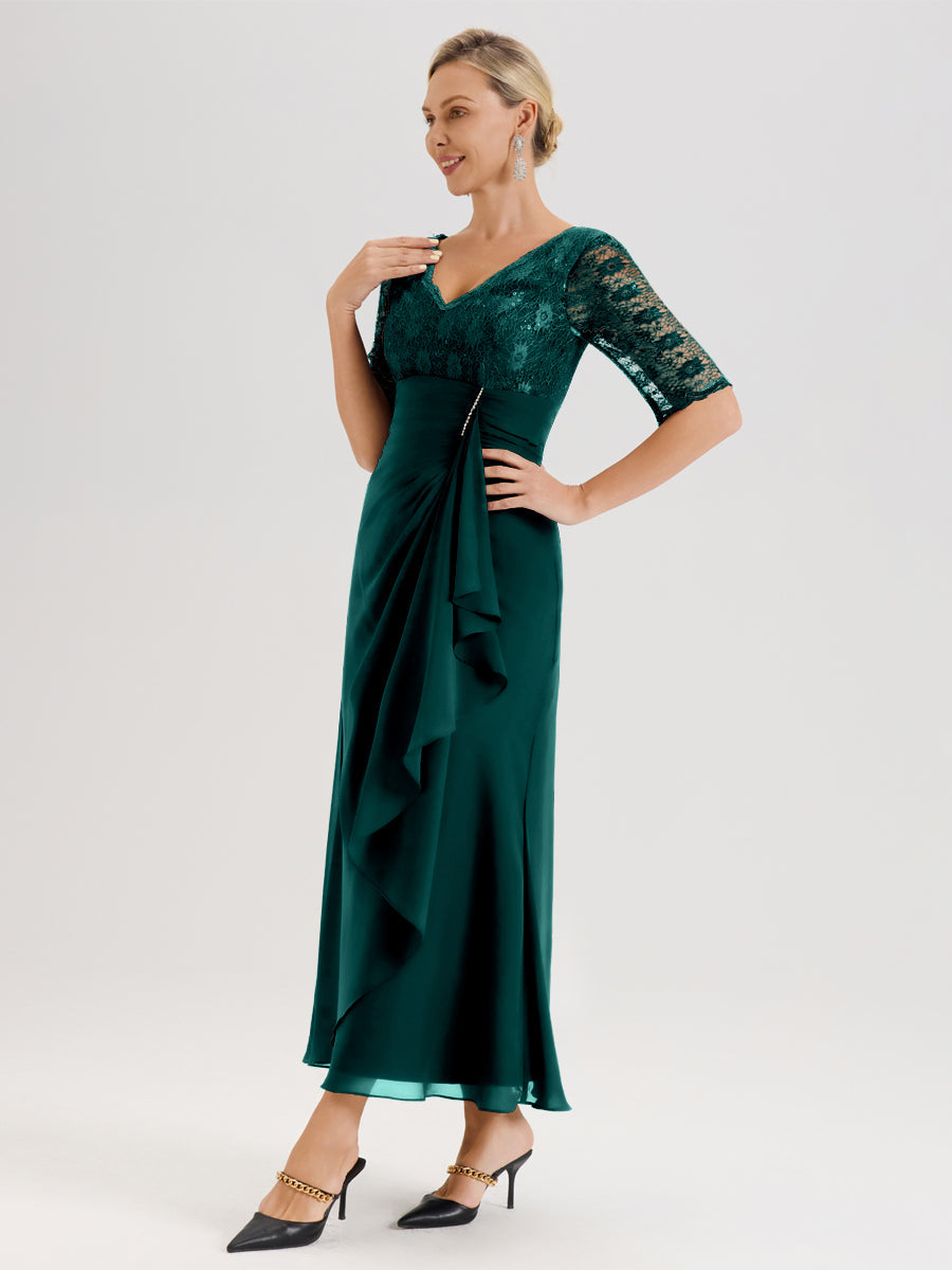 Cicinia Paon Robe De Mère De La Mariée Longue Ligne A En Dentelle Et Mousseline À Décolleté En V Demi-Manches Et Ceinture À Longs Rubans