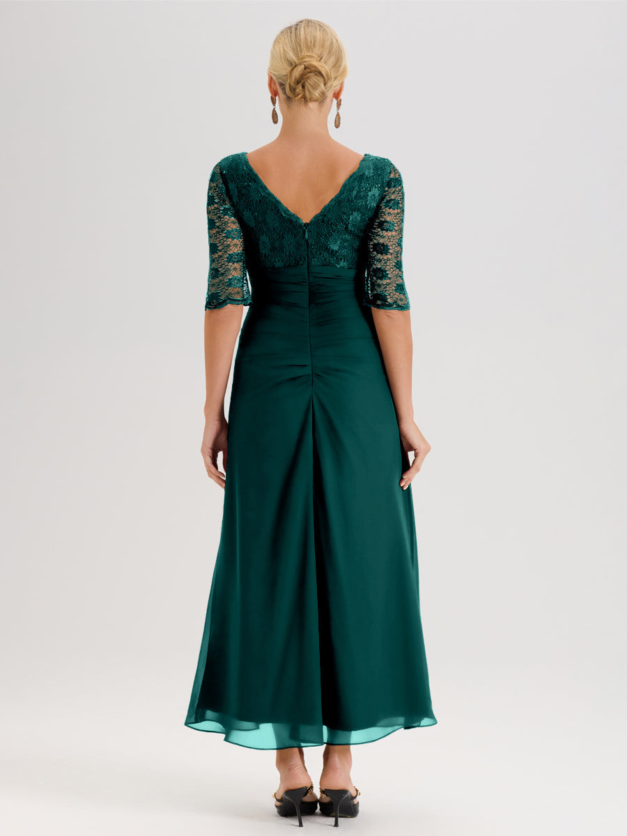 Cicinia Paon Robe De Mère De La Mariée Longue Ligne A En Dentelle Et Mousseline À Décolleté En V Demi-Manches Et Ceinture À Longs Rubans