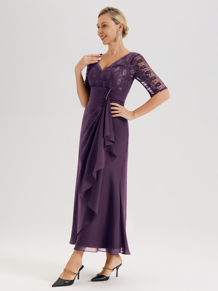 Cicinia Plum Robe De Mère De La Mariée Longue Ligne A En Dentelle Et Mousseline À Décolleté En V Demi-Manches Et Ceinture À Longs Rubans