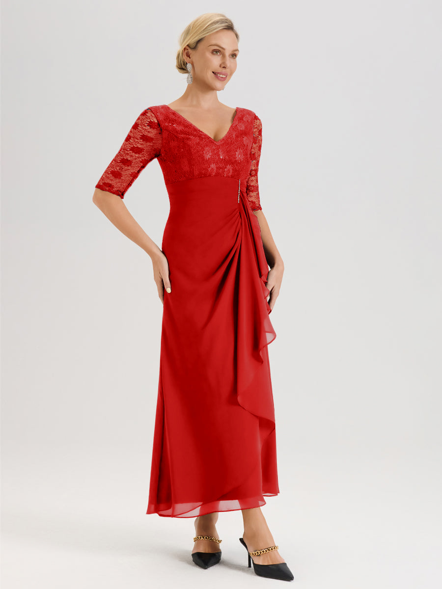 Cicinia Rouge Robe De Mère De La Mariée Longue Ligne A En Dentelle Et Mousseline À Décolleté En V Demi-Manches Et Ceinture À Longs Rubans