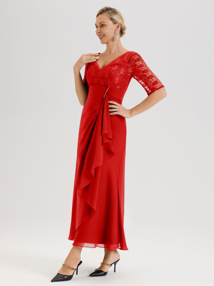 Cicinia Rouge Robe De Mère De La Mariée Longue Ligne A En Dentelle Et Mousseline À Décolleté En V Demi-Manches Et Ceinture À Longs Rubans