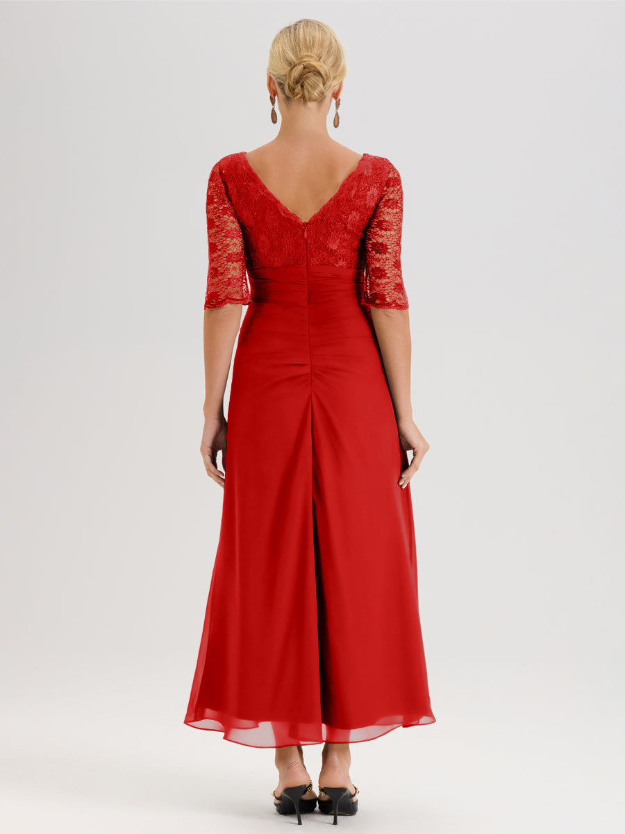 Cicinia Rouge Robe De Mère De La Mariée Longue Ligne A En Dentelle Et Mousseline À Décolleté En V Demi-Manches Et Ceinture À Longs Rubans
