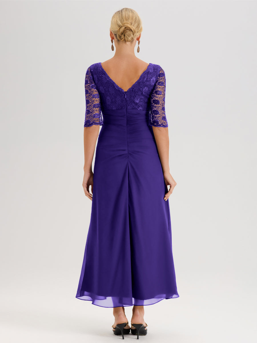 Cicinia Régence Robe De Mère De La Mariée Longue Ligne A En Dentelle Et Mousseline À Décolleté En V Demi-Manches Et Ceinture À Longs Rubans