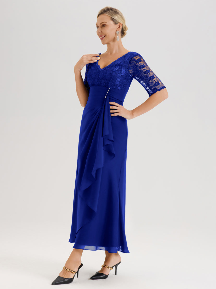 Cicinia Bleu Royale Robe De Mère De La Mariée Longue Ligne A En Dentelle Et Mousseline À Décolleté En V Demi-Manches Et Ceinture À Longs Rubans