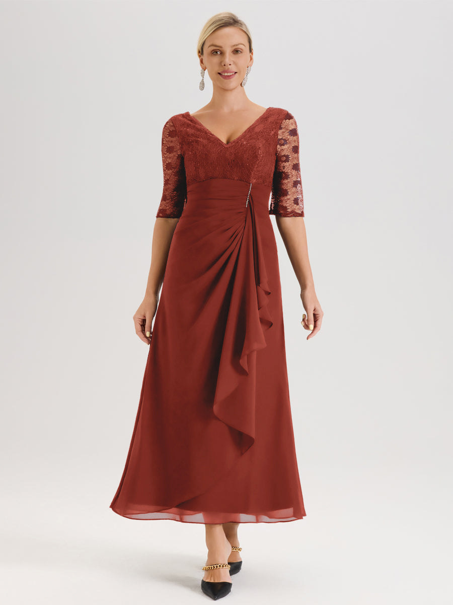 Cicinia Rouille Robe De Mère De La Mariée Longue Ligne A En Dentelle Et Mousseline À Décolleté En V Demi-Manches Et Ceinture À Longs Rubans