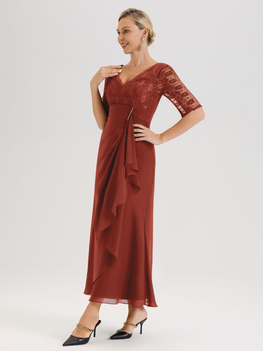 Cicinia Rouille Robe De Mère De La Mariée Longue Ligne A En Dentelle Et Mousseline À Décolleté En V Demi-Manches Et Ceinture À Longs Rubans