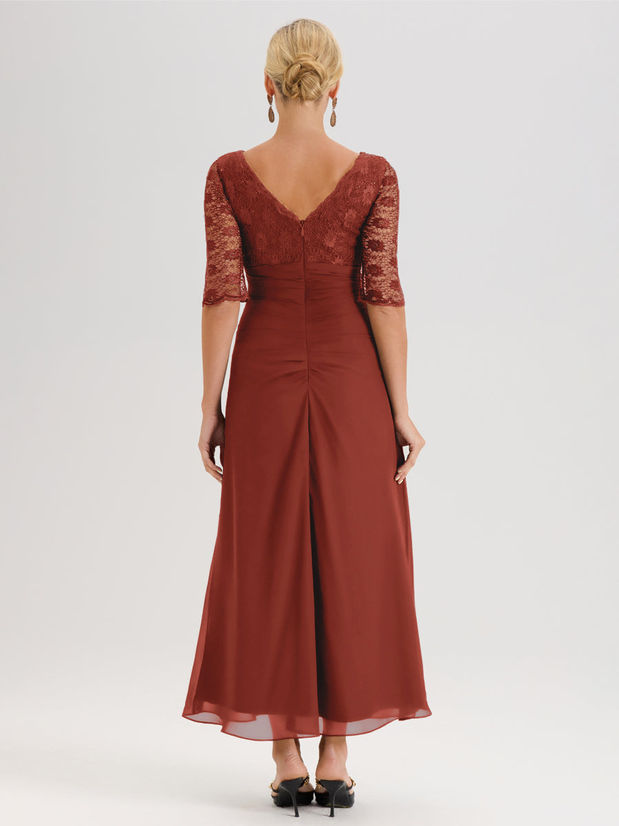 Cicinia Rouille Robe De Mère De La Mariée Longue Ligne A En Dentelle Et Mousseline À Décolleté En V Demi-Manches Et Ceinture À Longs Rubans