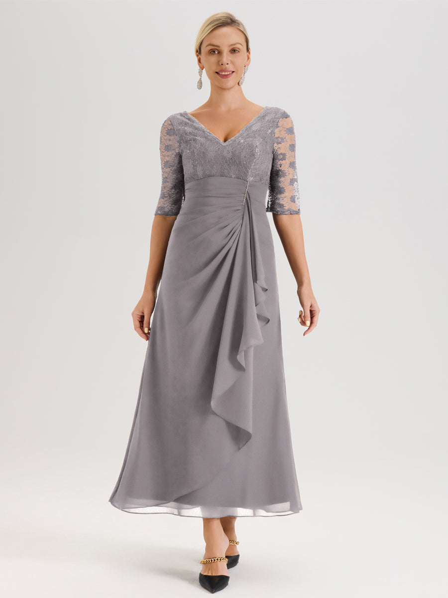 Cicinia Argent Robe De Mère De La Mariée Longue Ligne A En Dentelle Et Mousseline À Décolleté En V Demi-Manches Et Ceinture À Longs Rubans