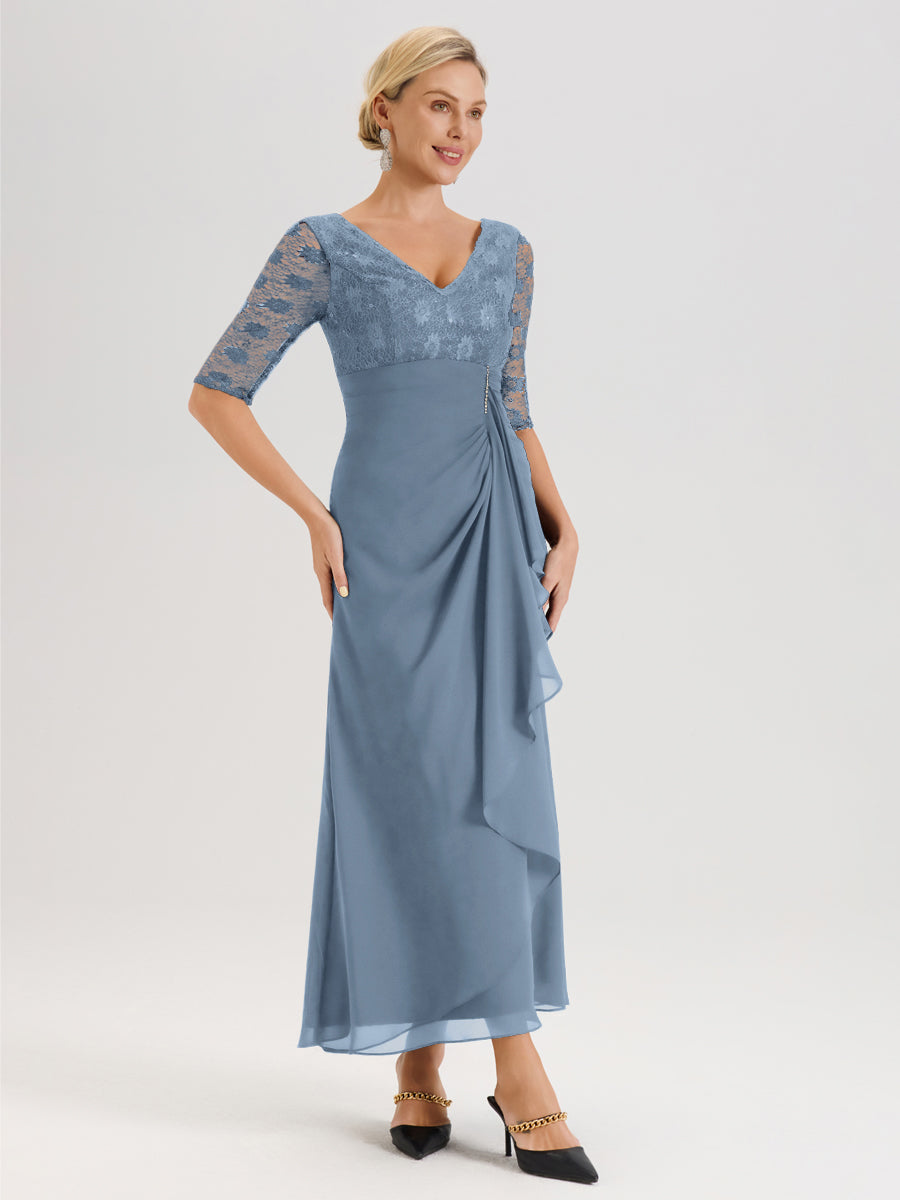 Cicinia Bleu De Schiste Robe De Mère De La Mariée Longue Ligne A En Dentelle Et Mousseline À Décolleté En V Demi-Manches Et Ceinture À Longs Rubans