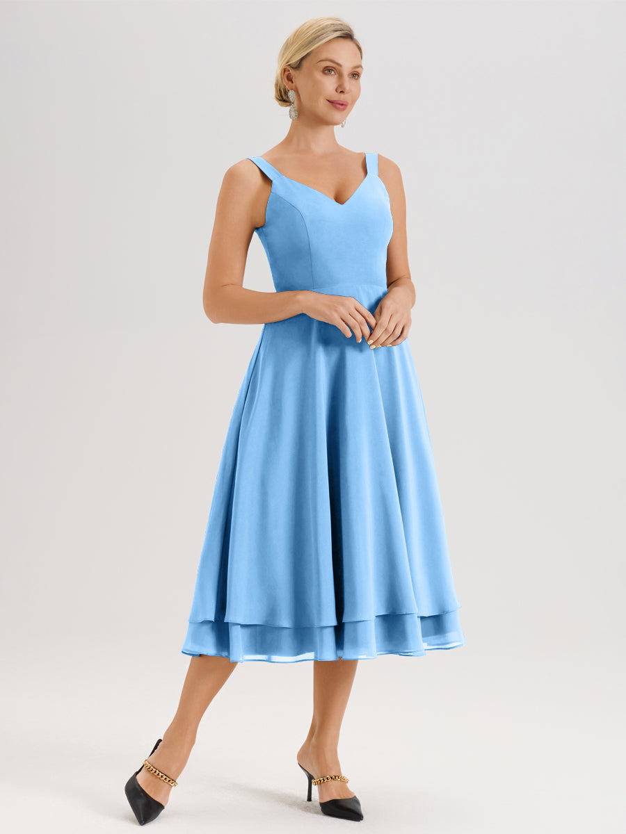 Cicinia Bleu Ensemble 2 Pièces Élégant Pour Mère De La Mariée Mi-Longue À Décolleté En V En Mousseline Et Dentelle