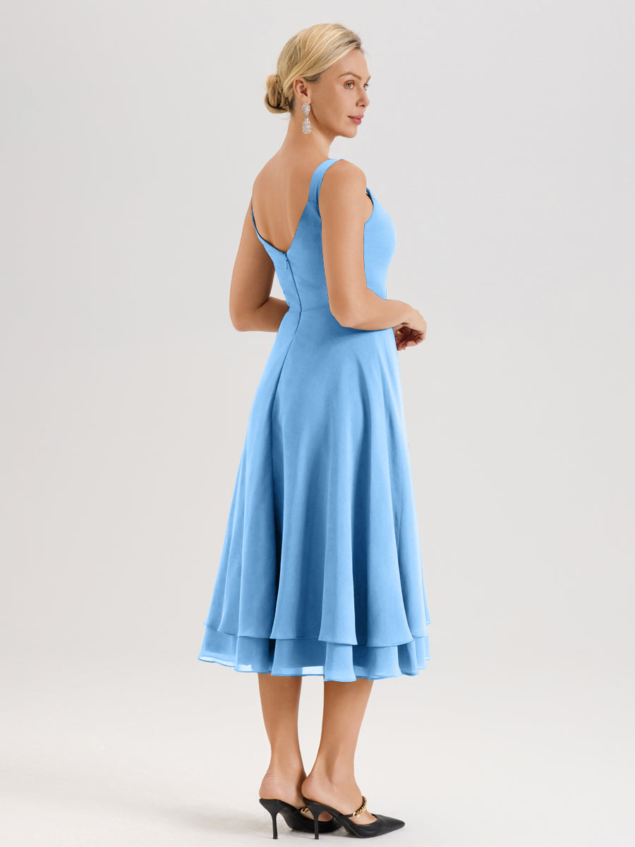 Cicinia Bleu Ensemble 2 Pièces Élégant Pour Mère De La Mariée Mi-Longue À Décolleté En V En Mousseline Et Dentelle