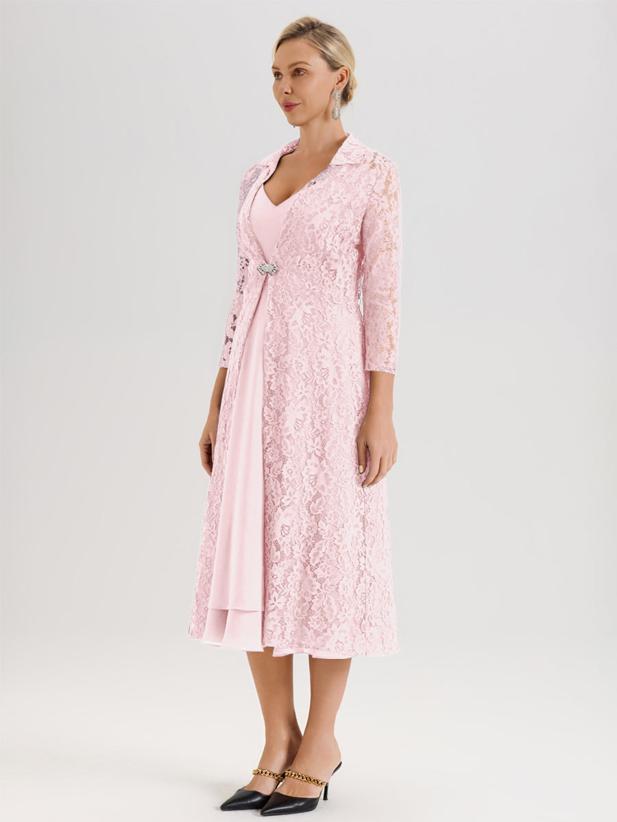 Cicinia Rose Pâle Ensemble 2 Pièces Élégant Pour Mère De La Mariée Mi-Longue À Décolleté En V En Mousseline Et Dentelle