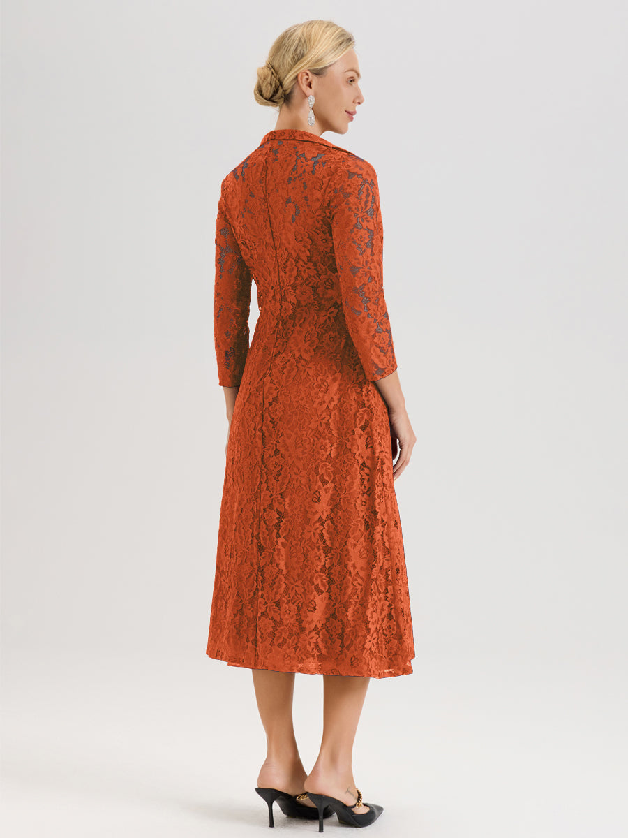 Cicinia Orange Brûlé Ensemble 2 Pièces Élégant Pour Mère De La Mariée Mi-Longue À Décolleté En V En Mousseline Et Dentelle