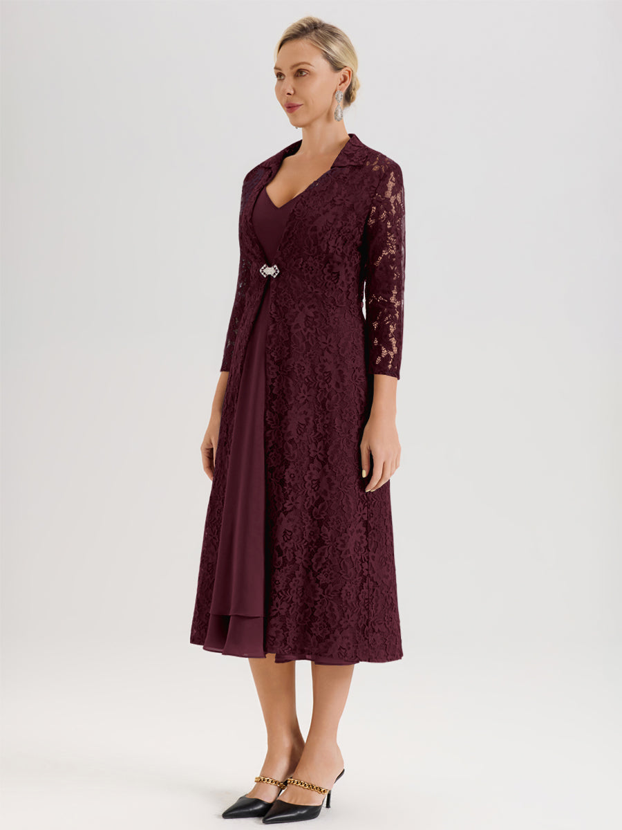 Cicinia Cabernet Ensemble 2 Pièces Élégant Pour Mère De La Mariée Mi-Longue À Décolleté En V En Mousseline Et Dentelle