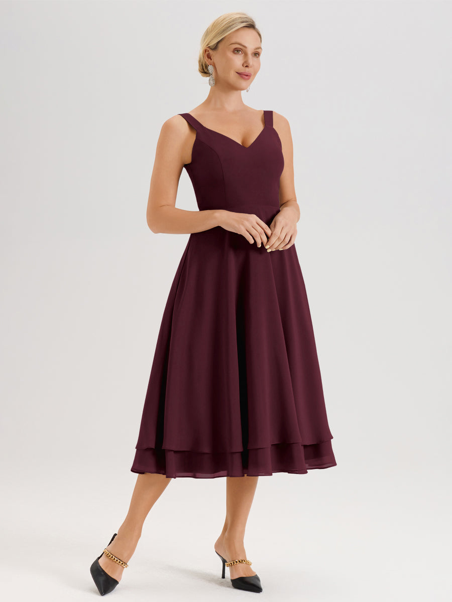 Cicinia Cabernet Ensemble 2 Pièces Élégant Pour Mère De La Mariée Mi-Longue À Décolleté En V En Mousseline Et Dentelle