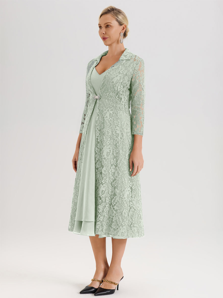 Cicinia Celadon Ensemble 2 Pièces Élégant Pour Mère De La Mariée Mi-Longue À Décolleté En V En Mousseline Et Dentelle