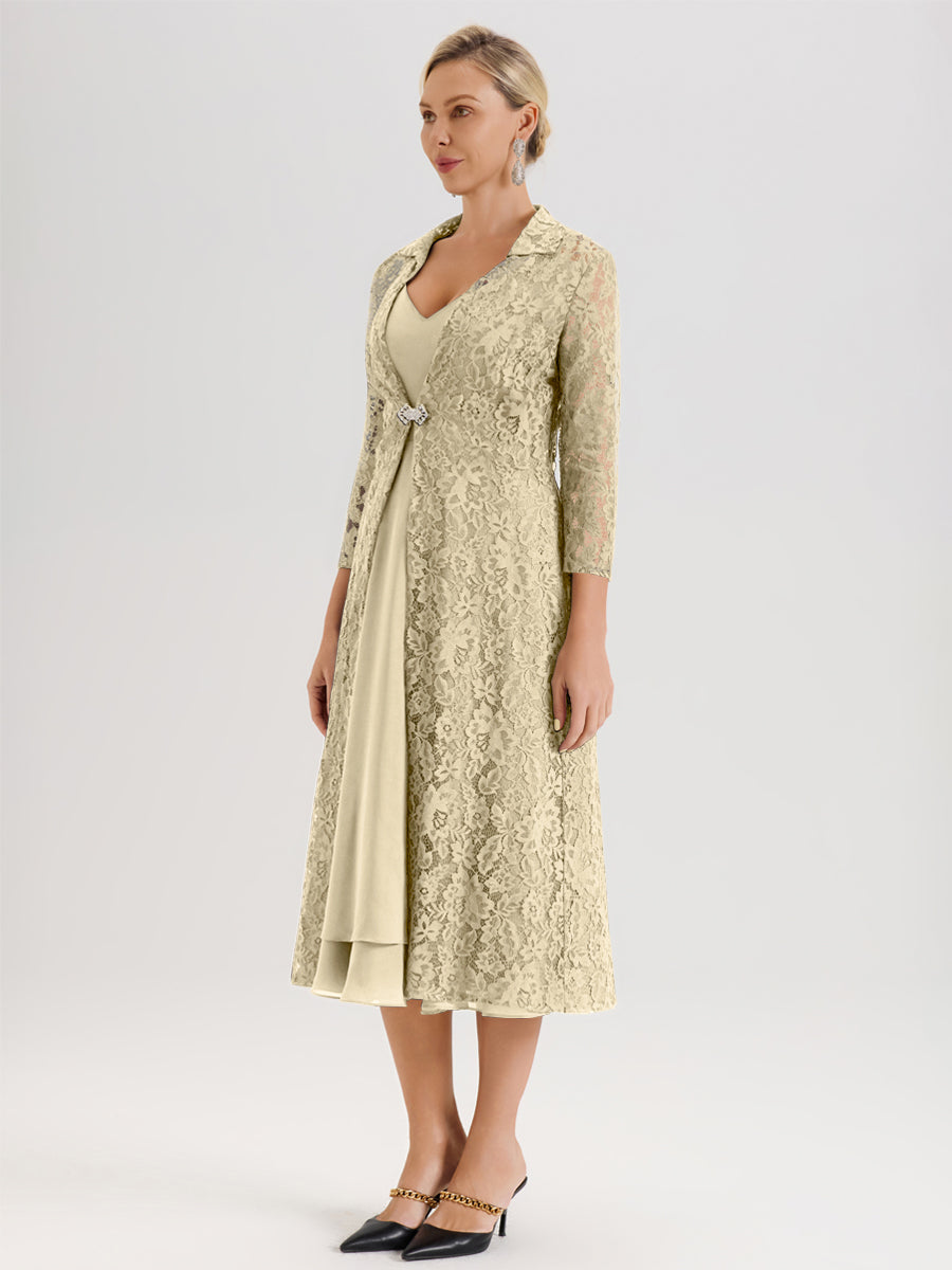 Cicinia Champagne Ensemble 2 Pièces Élégant Pour Mère De La Mariée Mi-Longue À Décolleté En V En Mousseline Et Dentelle