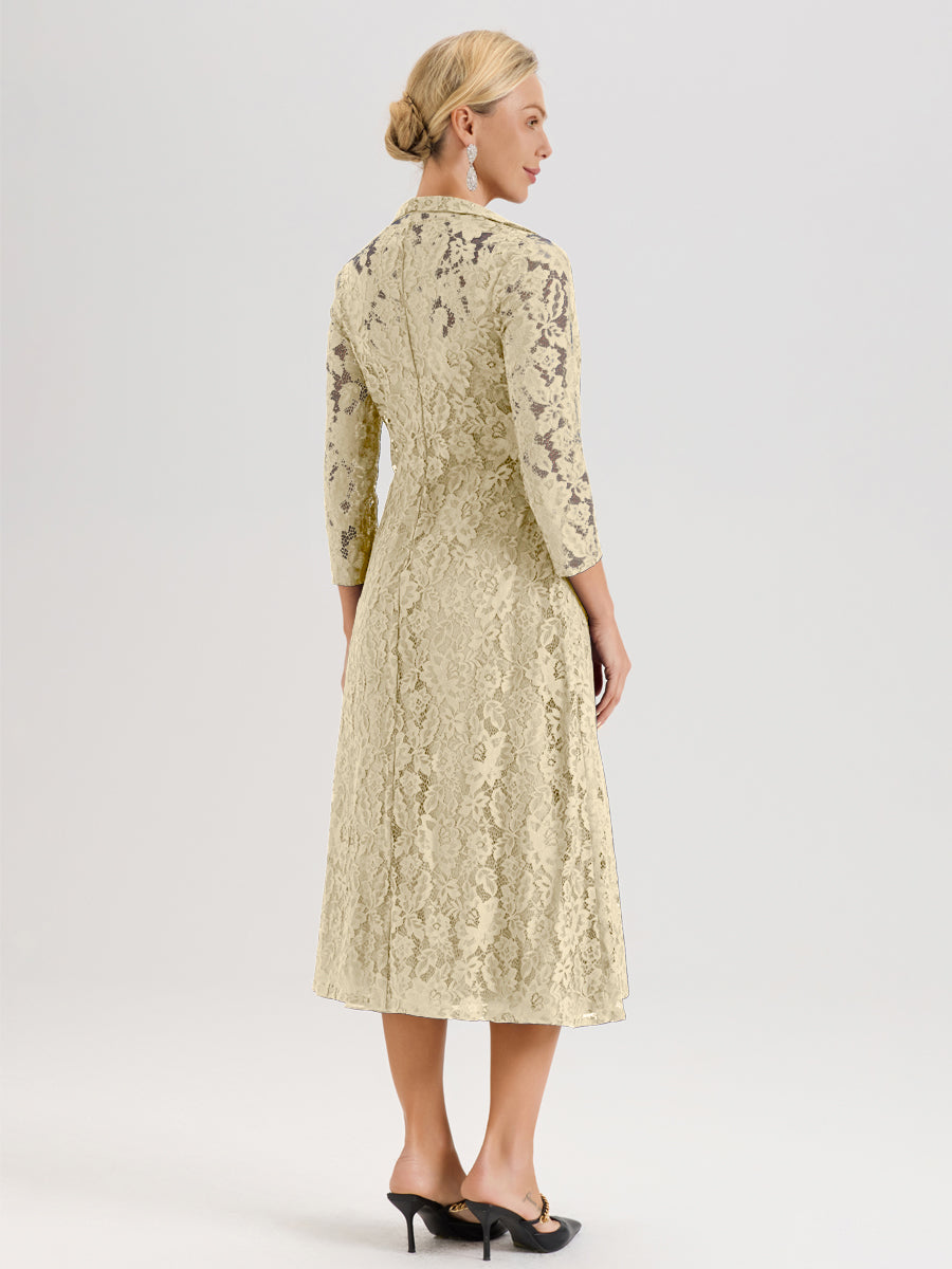 Cicinia Champagne Ensemble 2 Pièces Élégant Pour Mère De La Mariée Mi-Longue À Décolleté En V En Mousseline Et Dentelle
