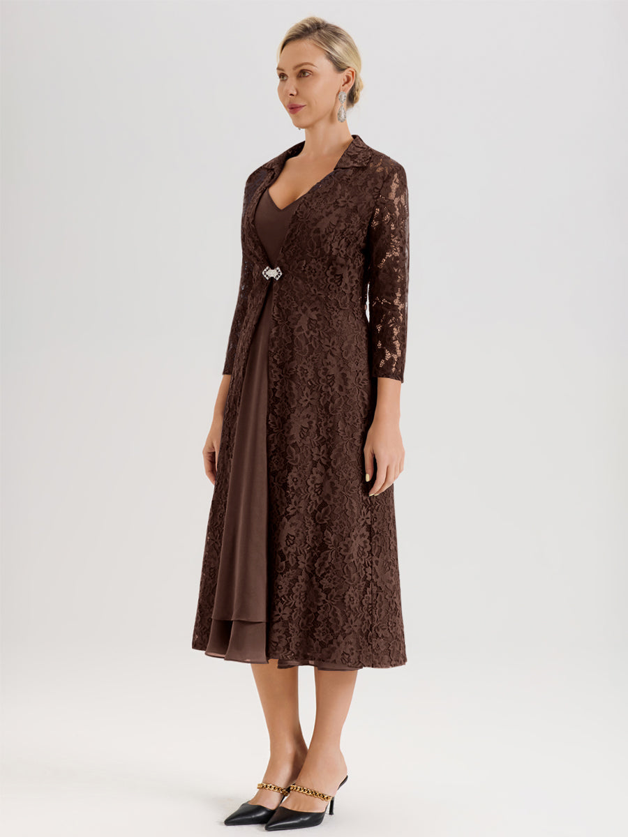 Cicinia Chocolat Ensemble 2 Pièces Élégant Pour Mère De La Mariée Mi-Longue À Décolleté En V En Mousseline Et Dentelle