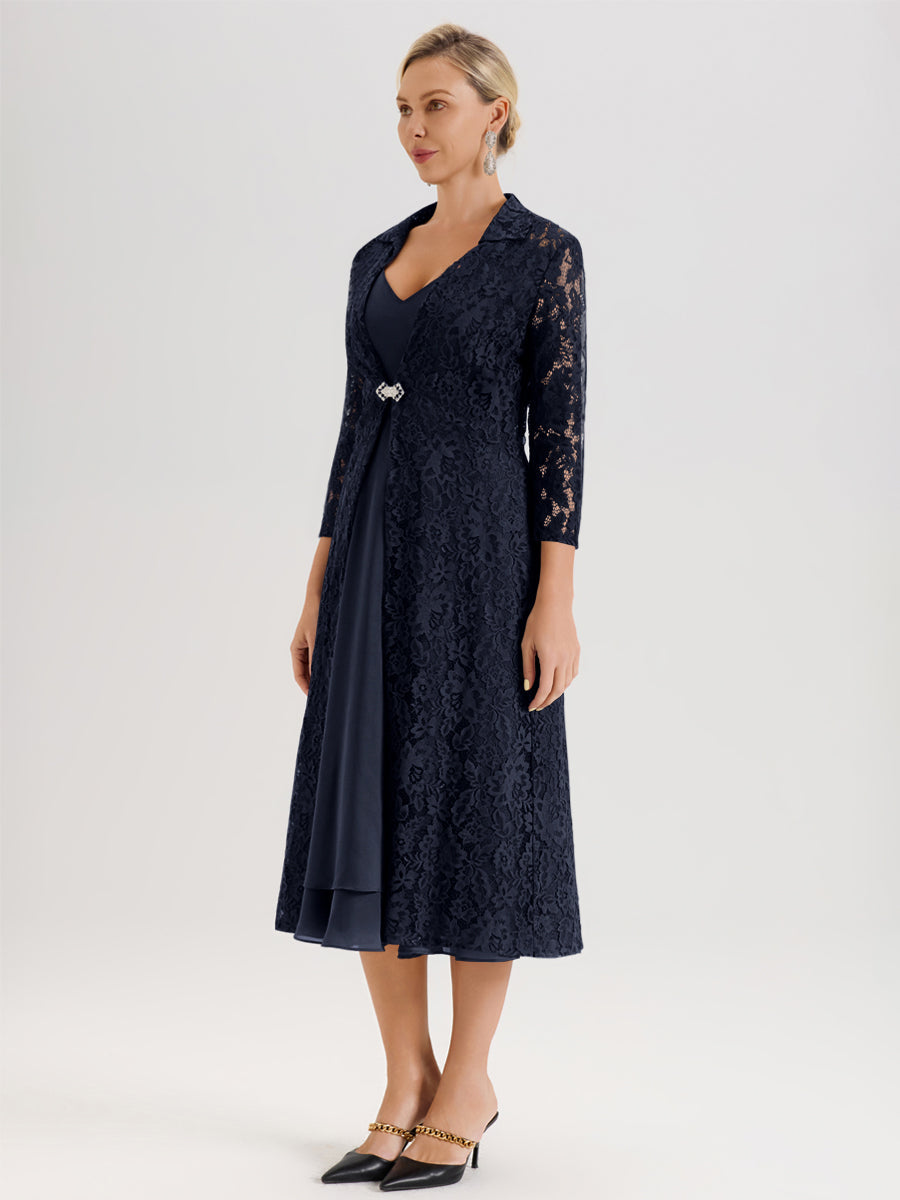 Cicinia Bleu Marine Ensemble 2 Pièces Élégant Pour Mère De La Mariée Mi-Longue À Décolleté En V En Mousseline Et Dentelle