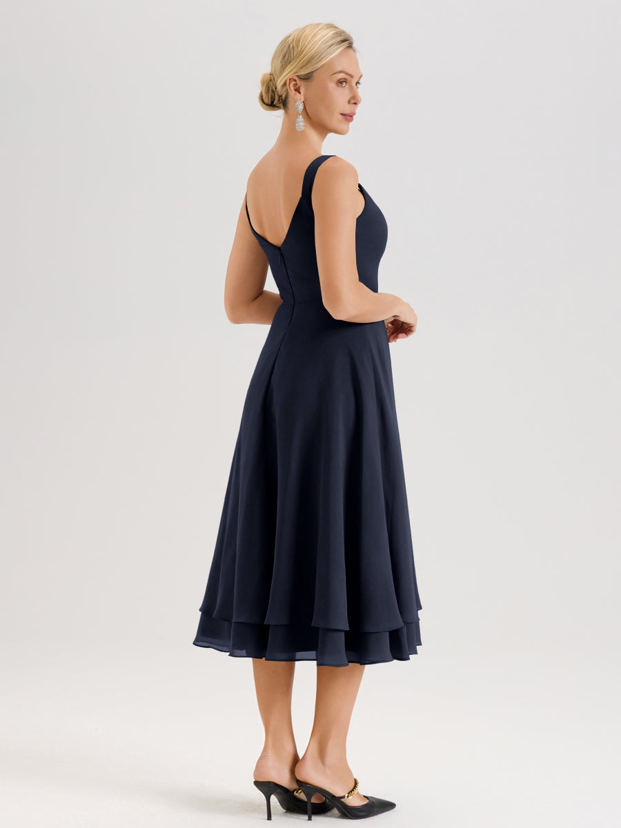 Cicinia Bleu Marine Ensemble 2 Pièces Élégant Pour Mère De La Mariée Mi-Longue À Décolleté En V En Mousseline Et Dentelle