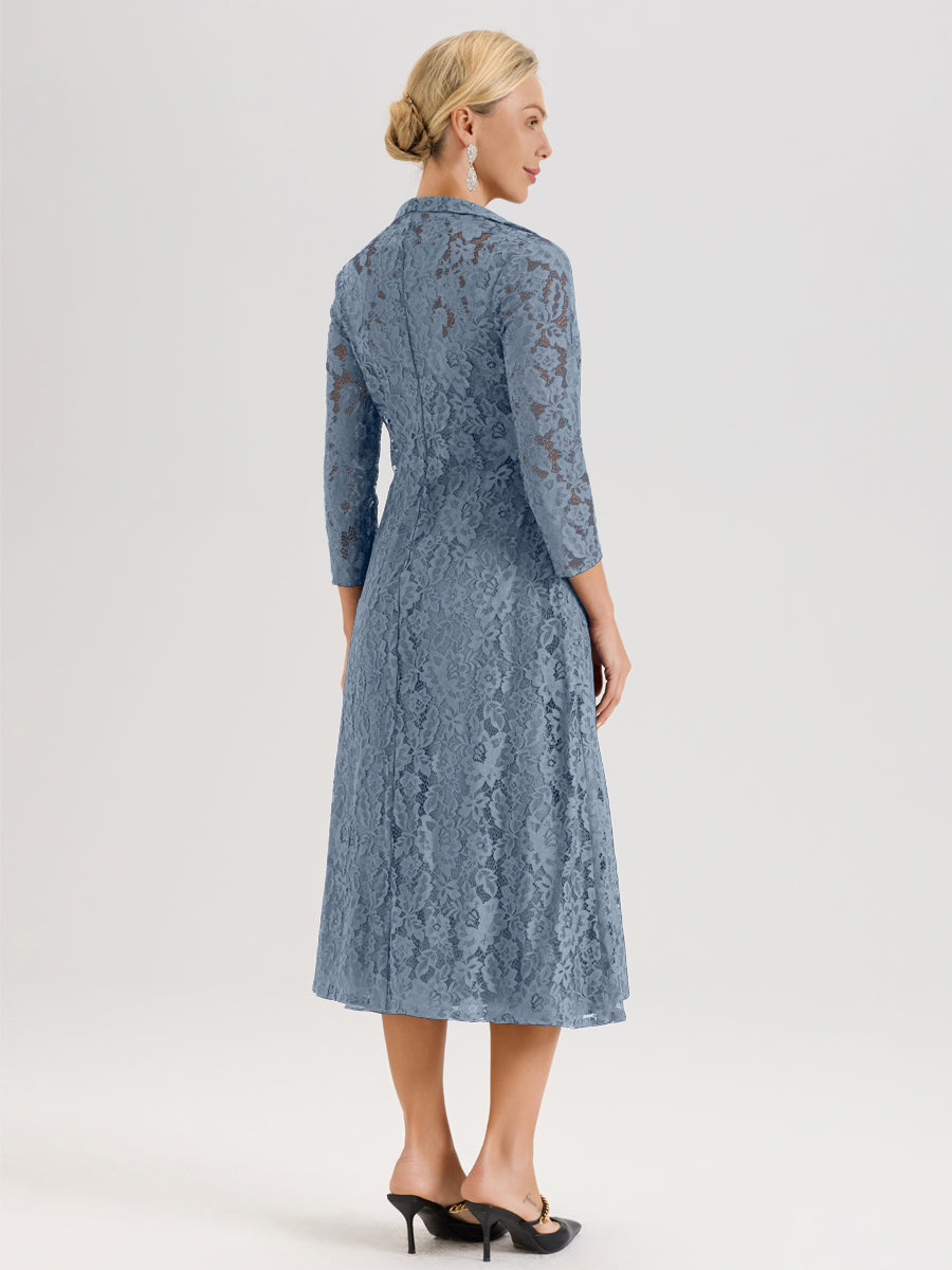 Cicinia Bleu Poudré Ensemble 2 Pièces Élégant Pour Mère De La Mariée Mi-Longue À Décolleté En V En Mousseline Et Dentelle