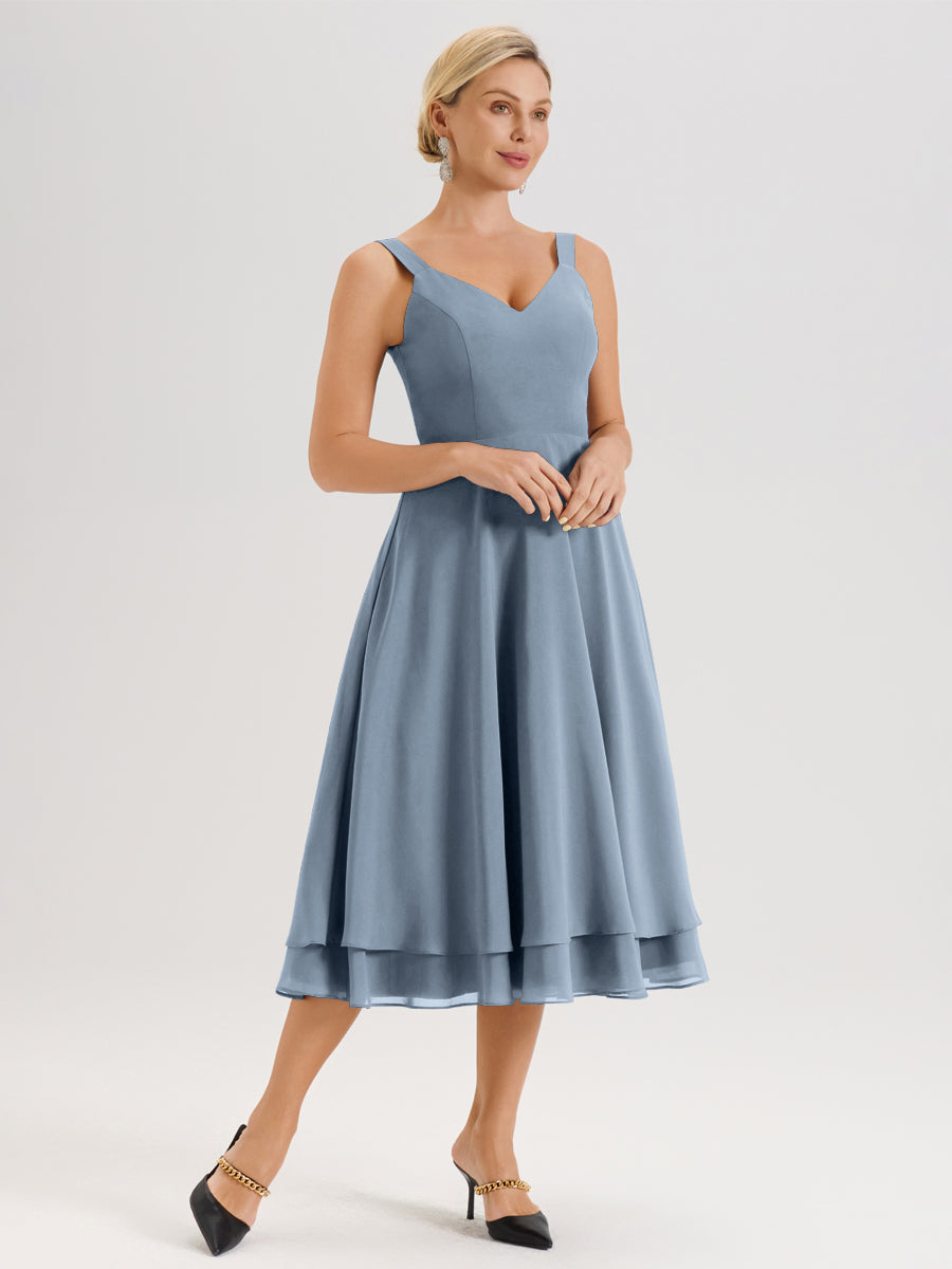 Cicinia Bleu Poudré Ensemble 2 Pièces Élégant Pour Mère De La Mariée Mi-Longue À Décolleté En V En Mousseline Et Dentelle