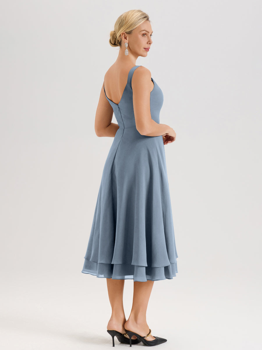 Cicinia Bleu Poudré Ensemble 2 Pièces Élégant Pour Mère De La Mariée Mi-Longue À Décolleté En V En Mousseline Et Dentelle