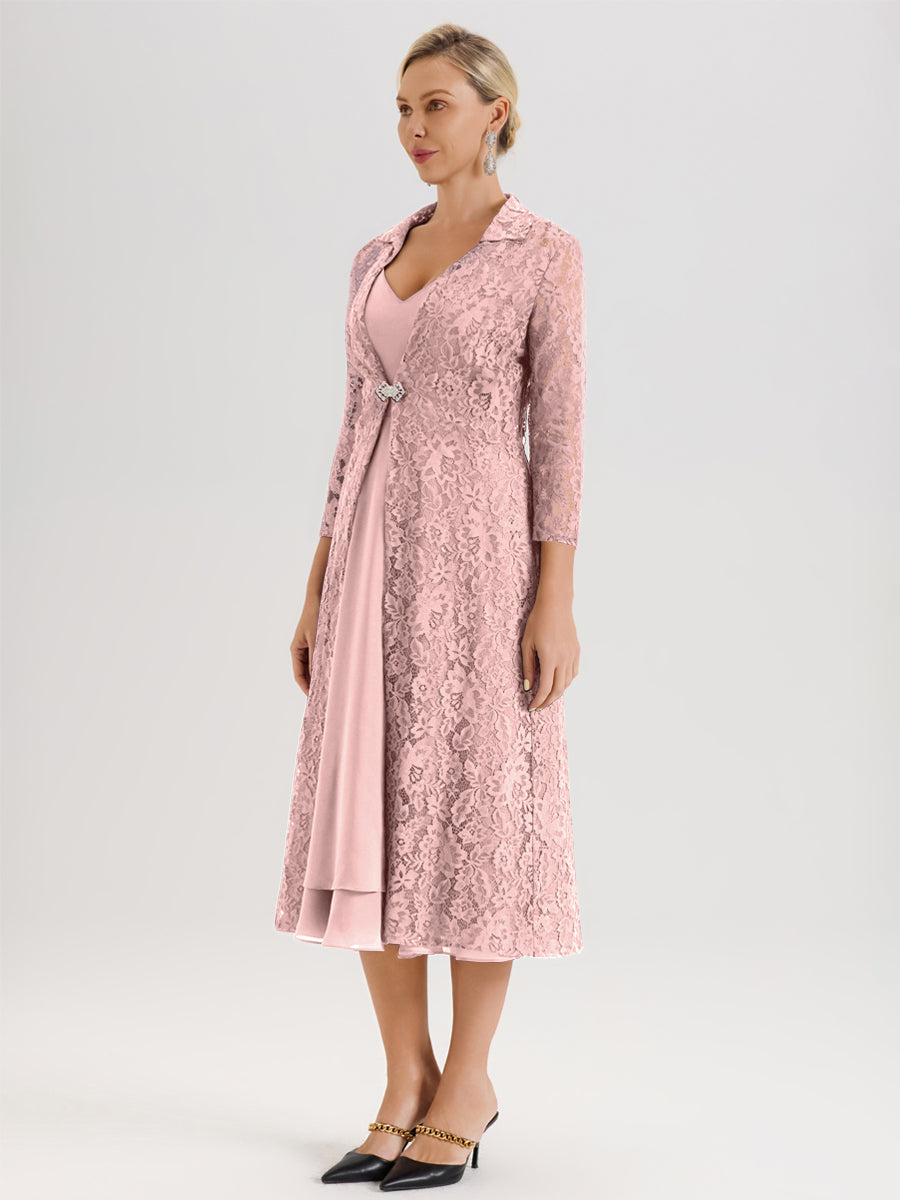 Cicinia Rose Poudré Ensemble 2 Pièces Élégant Pour Mère De La Mariée Mi-Longue À Décolleté En V En Mousseline Et Dentelle