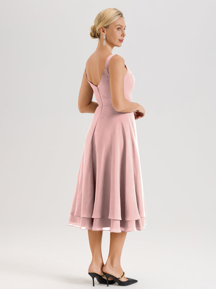 Cicinia Rose Poudré Ensemble 2 Pièces Élégant Pour Mère De La Mariée Mi-Longue À Décolleté En V En Mousseline Et Dentelle