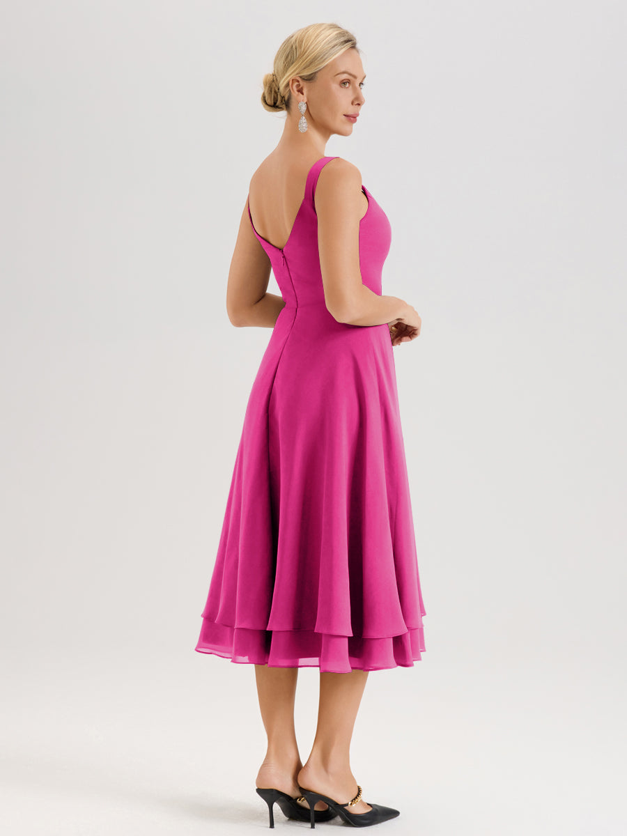 Cicinia Fuchsia Ensemble 2 Pièces Élégant Pour Mère De La Mariée Mi-Longue À Décolleté En V En Mousseline Et Dentelle