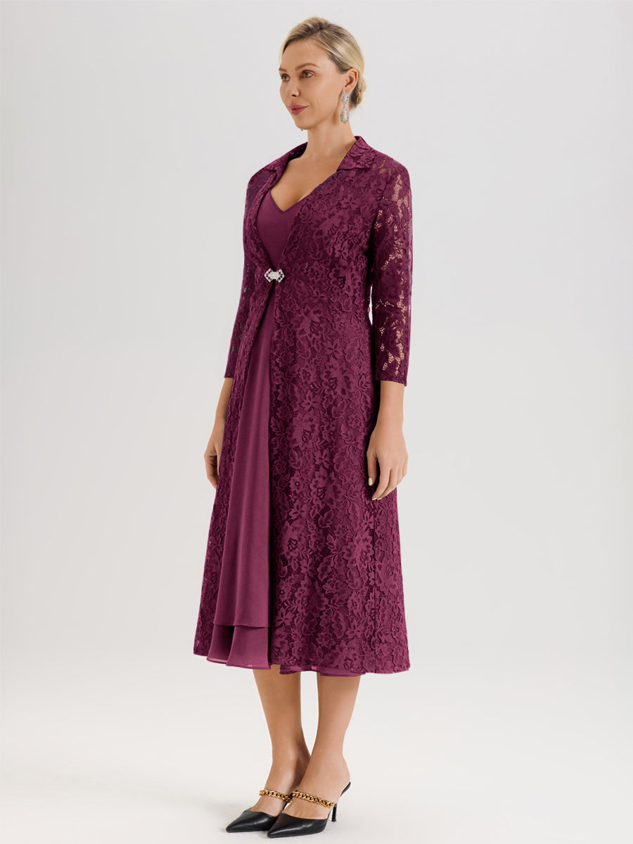 Cicinia Mûre Ensemble 2 Pièces Élégant Pour Mère De La Mariée Mi-Longue À Décolleté En V En Mousseline Et Dentelle