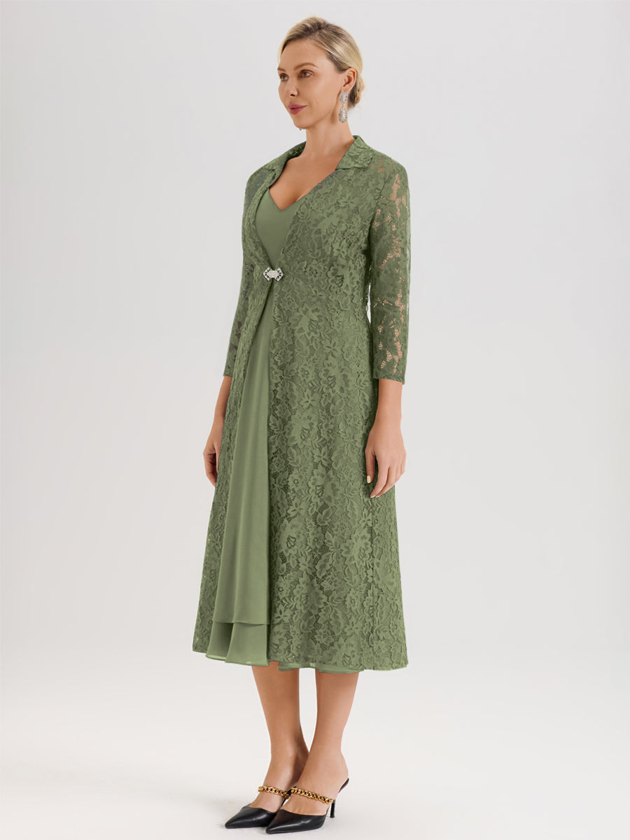 Cicinia Vert Olive Ensemble 2 Pièces Élégant Pour Mère De La Mariée Mi-Longue À Décolleté En V En Mousseline Et Dentelle
