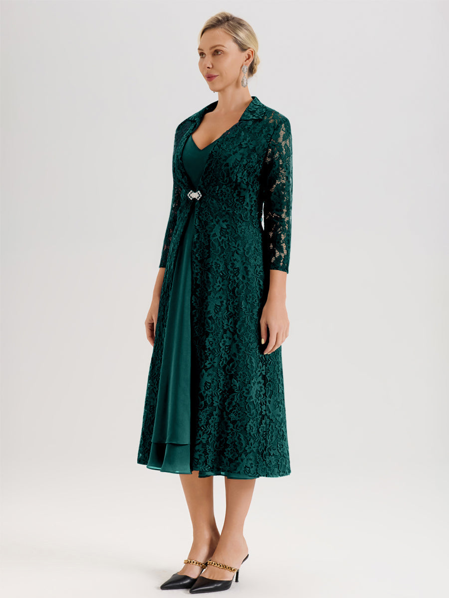 Cicinia Paon Ensemble 2 Pièces Élégant Pour Mère De La Mariée Mi-Longue À Décolleté En V En Mousseline Et Dentelle