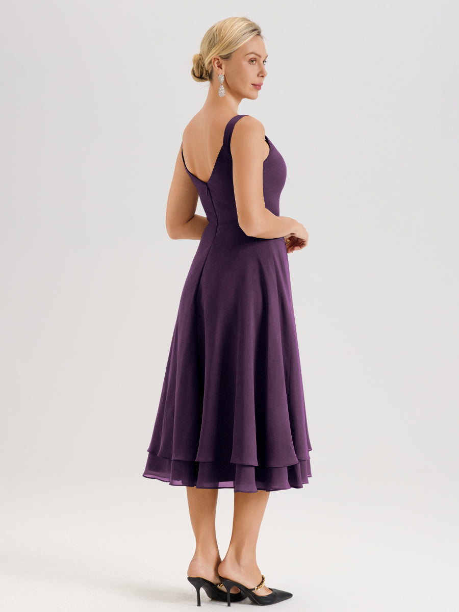 Cicinia Plum Ensemble 2 Pièces Élégant Pour Mère De La Mariée Mi-Longue À Décolleté En V En Mousseline Et Dentelle