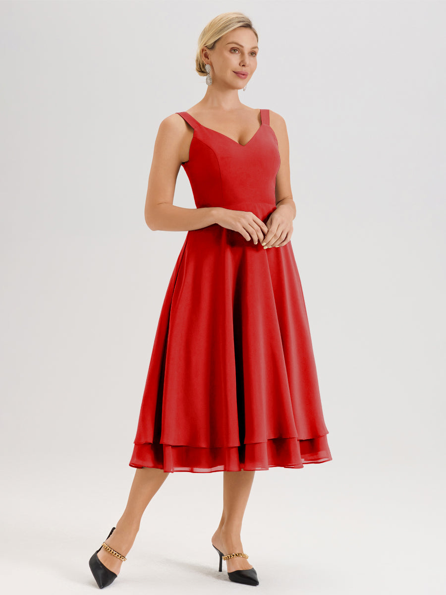 Cicinia Rouge Ensemble 2 Pièces Élégant Pour Mère De La Mariée Mi-Longue À Décolleté En V En Mousseline Et Dentelle