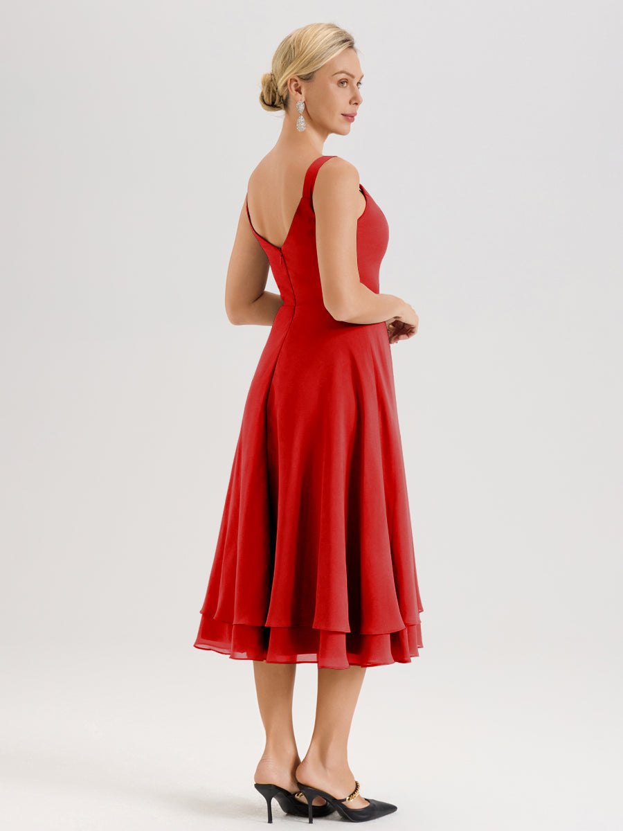 Cicinia Rouge Ensemble 2 Pièces Élégant Pour Mère De La Mariée Mi-Longue À Décolleté En V En Mousseline Et Dentelle