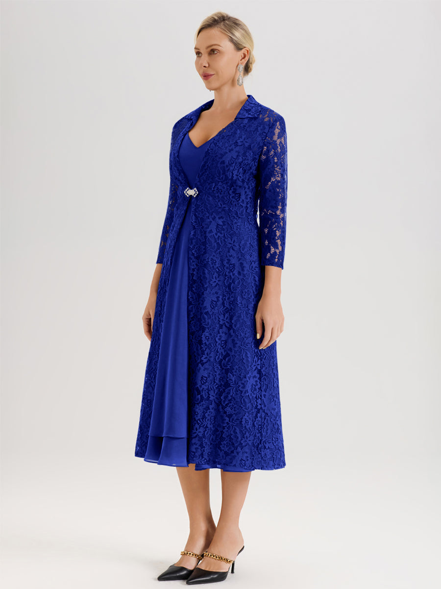 Cicinia Bleu Royale Ensemble 2 Pièces Élégant Pour Mère De La Mariée Mi-Longue À Décolleté En V En Mousseline Et Dentelle