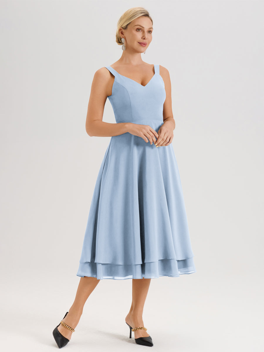 Cicinia Bleu Ciel Ensemble 2 Pièces Élégant Pour Mère De La Mariée Mi-Longue À Décolleté En V En Mousseline Et Dentelle