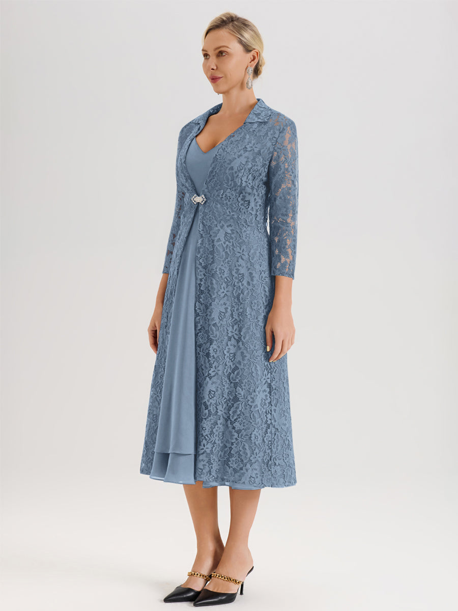 Cicinia Bleu De Schiste Ensemble 2 Pièces Élégant Pour Mère De La Mariée Mi-Longue À Décolleté En V En Mousseline Et Dentelle