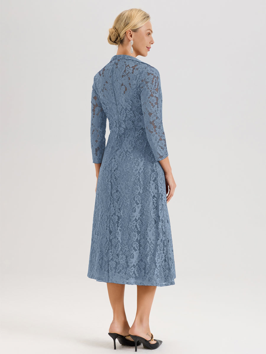 Cicinia Bleu De Schiste Ensemble 2 Pièces Élégant Pour Mère De La Mariée Mi-Longue À Décolleté En V En Mousseline Et Dentelle